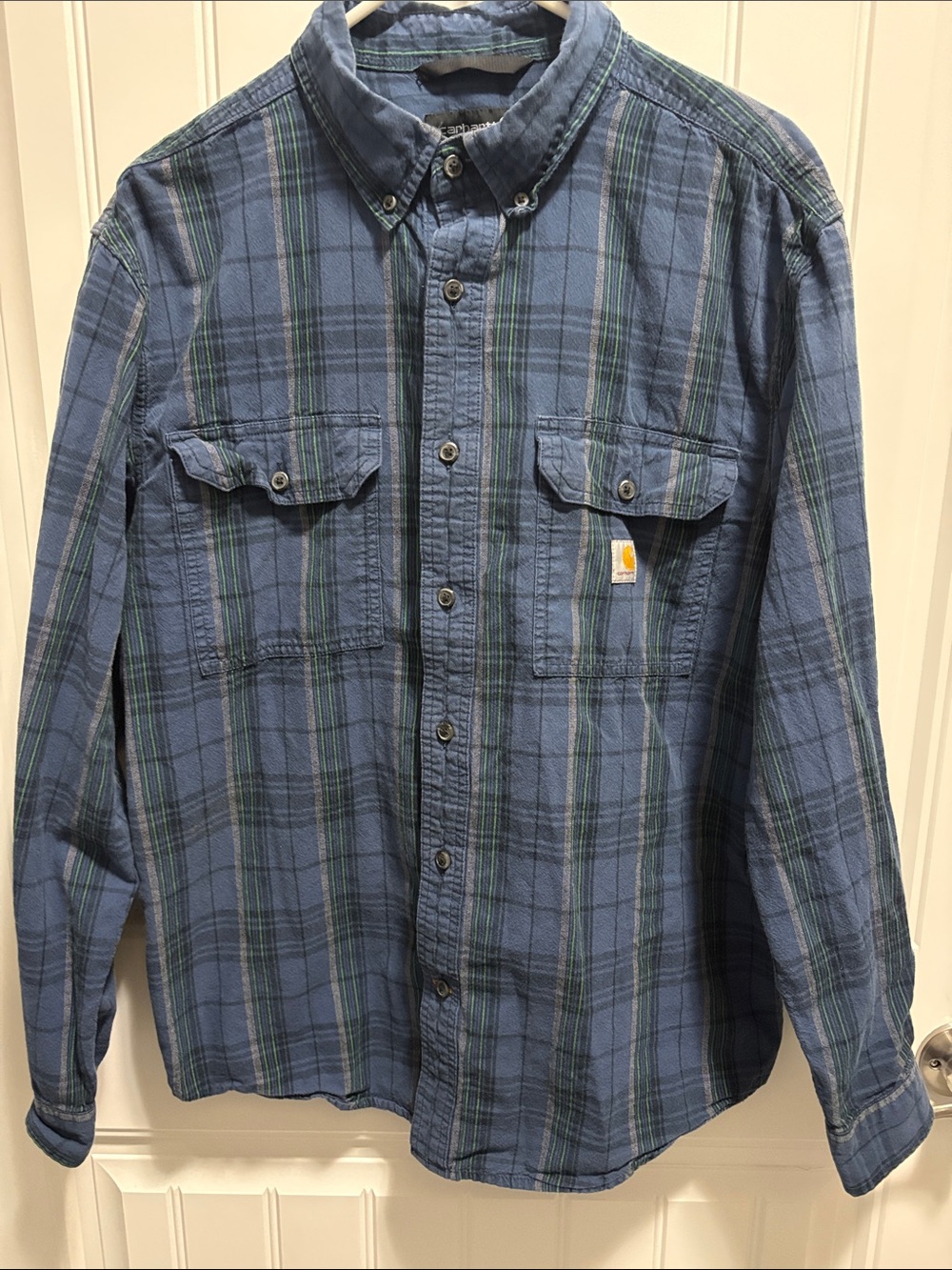 Carhartt Men’s L Loose Fit Blue Plaid Cotton Work Shirt Button Down